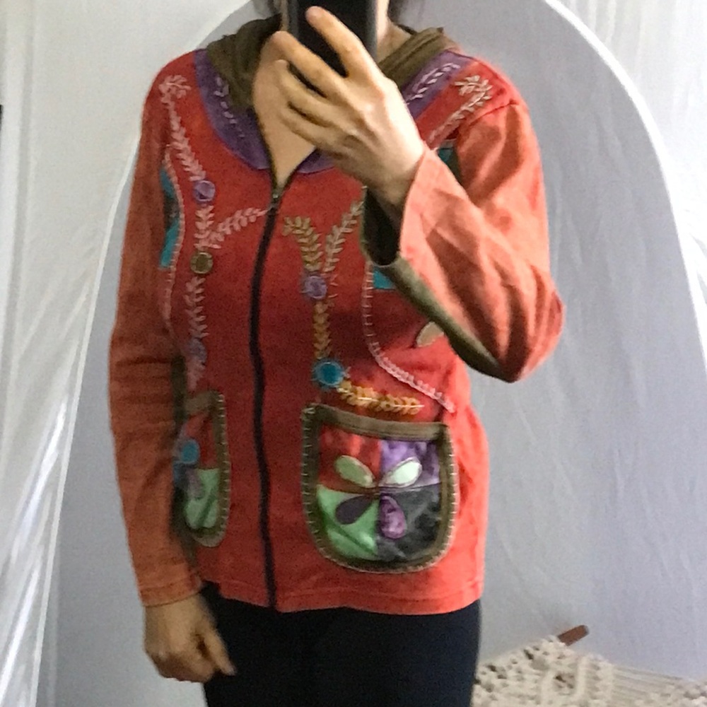 Patchwork hooded zip front sweatshirt